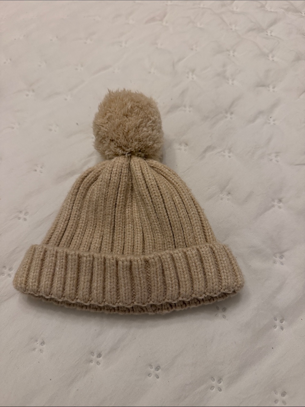 Kids Beige Pom-Pom Knit Beanie Hat